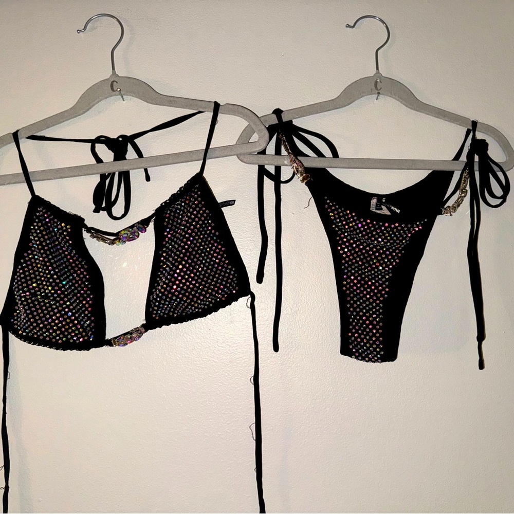 Fashion Nova, black rhinestone two piece bikini , size small